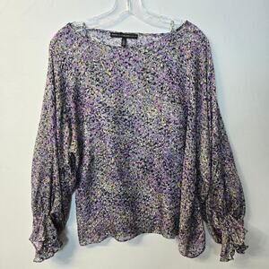 White House Black Market Boat Neck Silk Flowy Semi Sheer Blouse, Size L